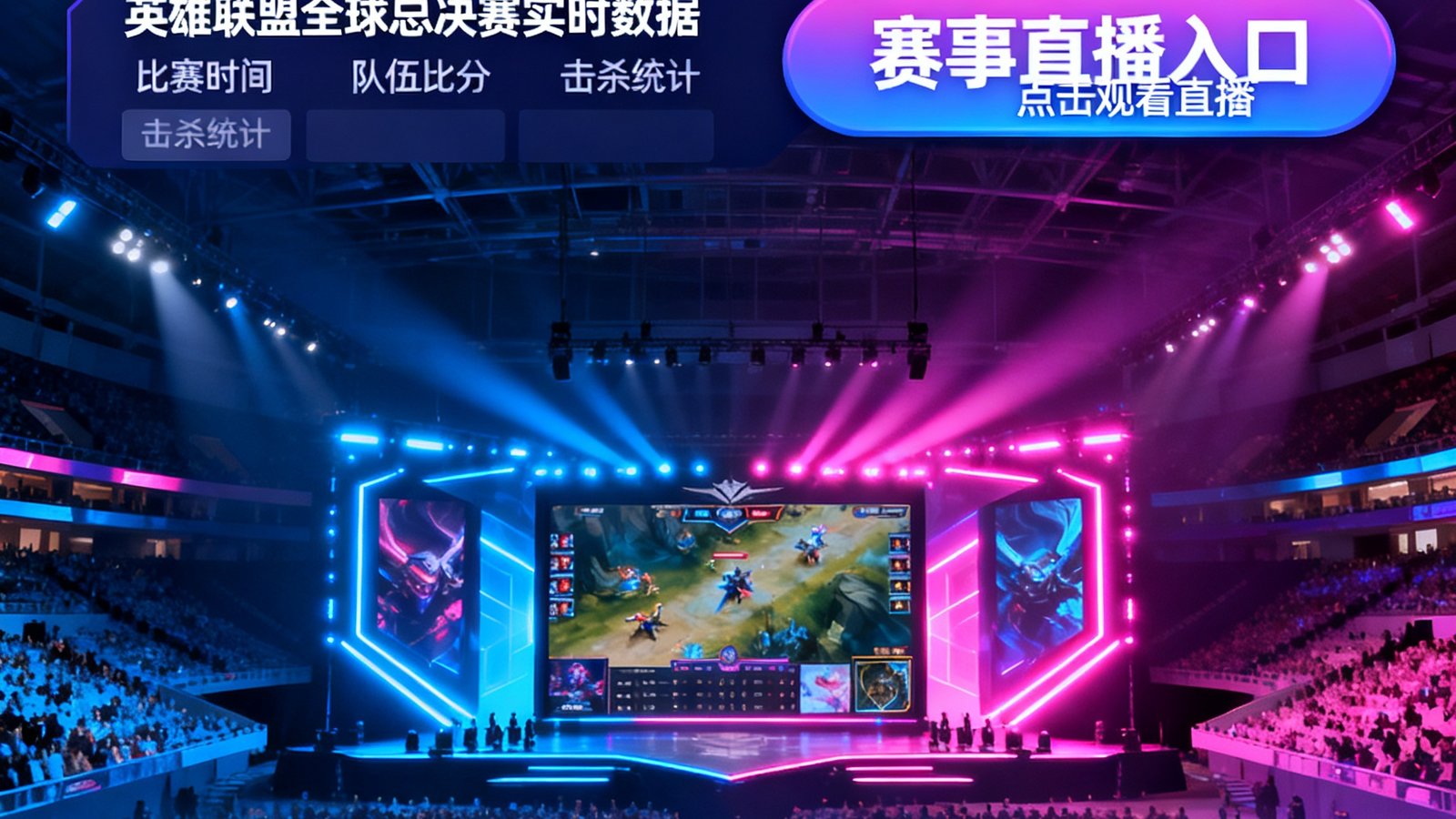 亿万28官方APP下载界面展示，包含英雄联盟全球总决赛实时数据与赛事直播入口，背景为电竞场馆与炫光