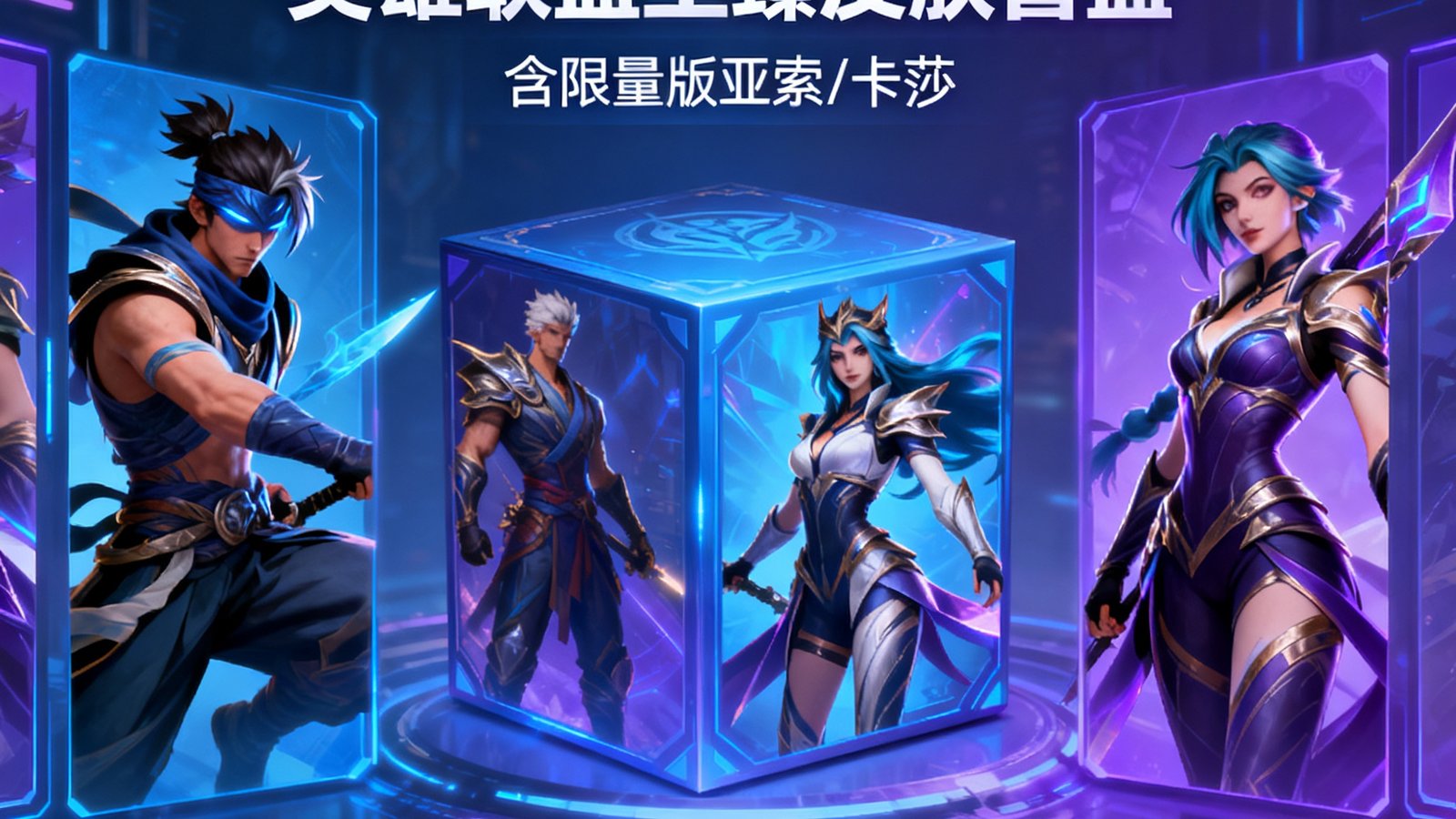 亿万28虚拟商城展示英雄联盟至臻皮肤盲盒，包含限量版亚索与卡莎，支持充值购买